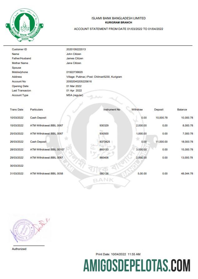 Modelo de extrato bancário islâmico de Bangladesh
